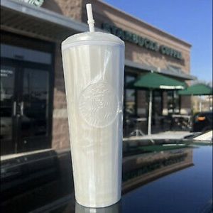 NEW Starbucks Tumbler White Pearl Ivory Pearlescent Dome Top 24 oz Cold Cup